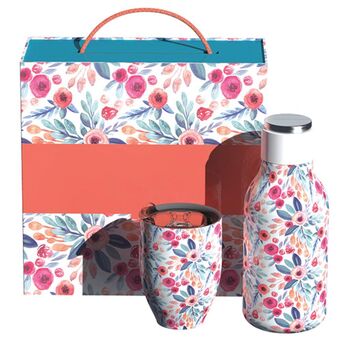 מארז מתנה פרחוני הכולל בקבוק וספל תרמי